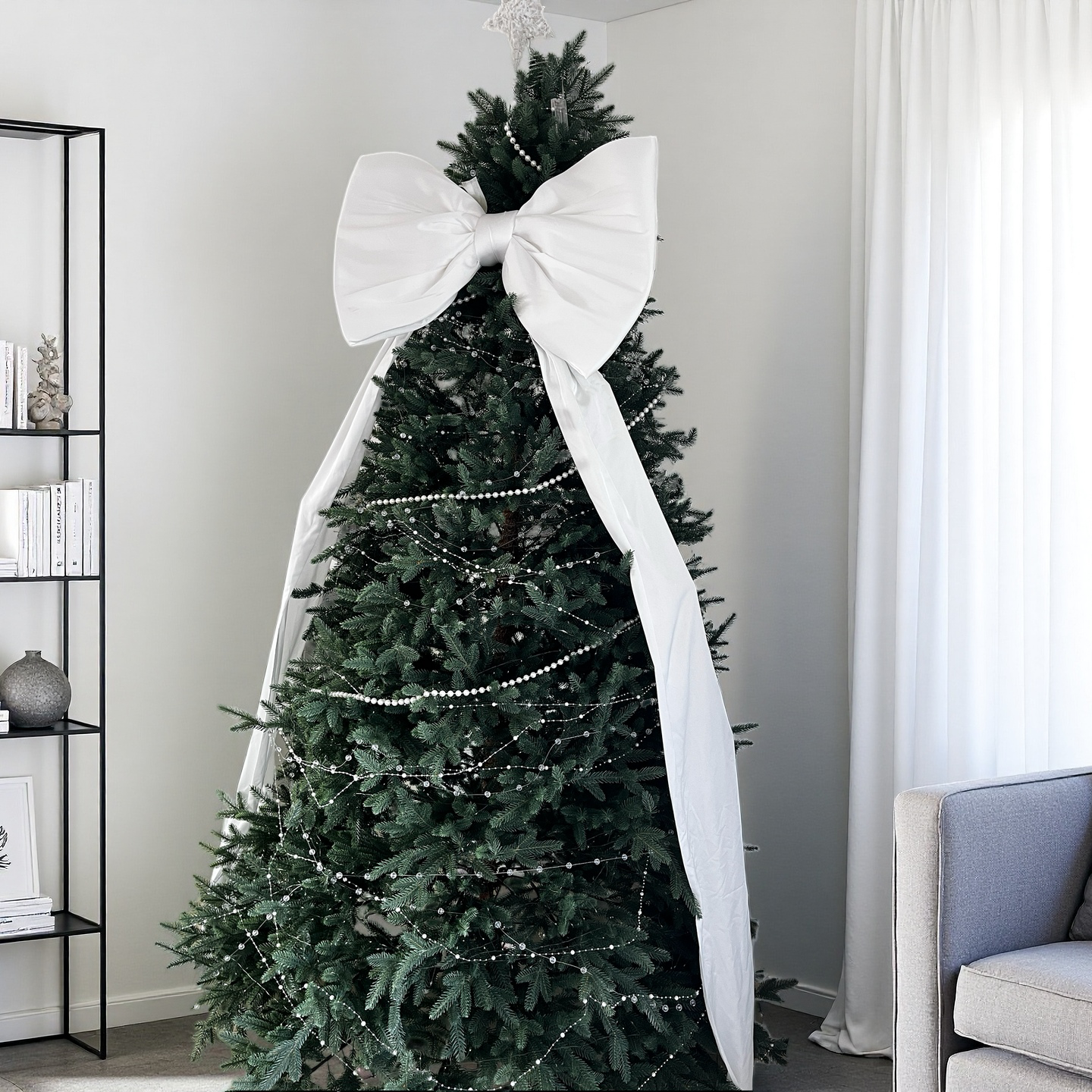 Luxury Giant Crystal Satin Christmas Tree Bow | Oversized White Holiday Tree Topper with Long Tails