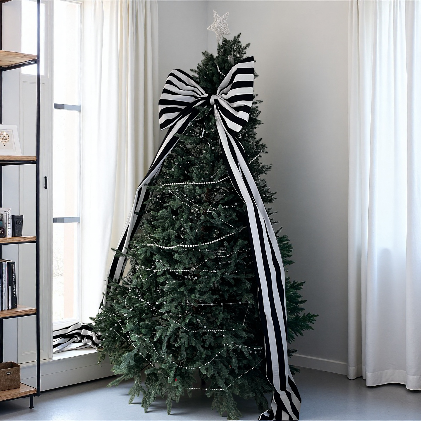Large Black & White Striped Christmas Bow with Long Tails